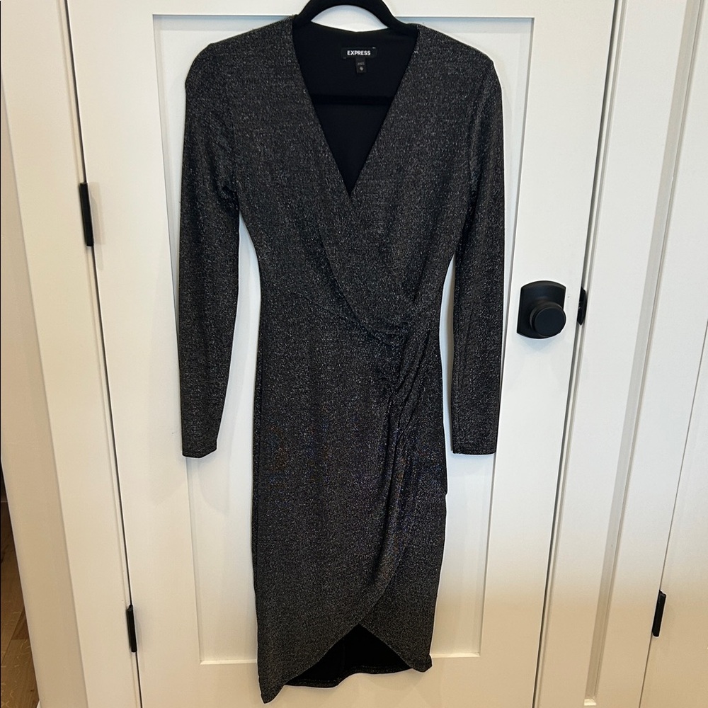 Express | Shimmering Black Long Sleeve Dress with Ruching (XS)